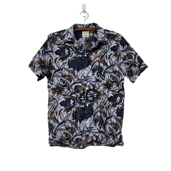 Baird McNutt Linen Murano Mens Slim Fit Blue Floral Short Sleeve Button Shirt M - Picture 1 of 5